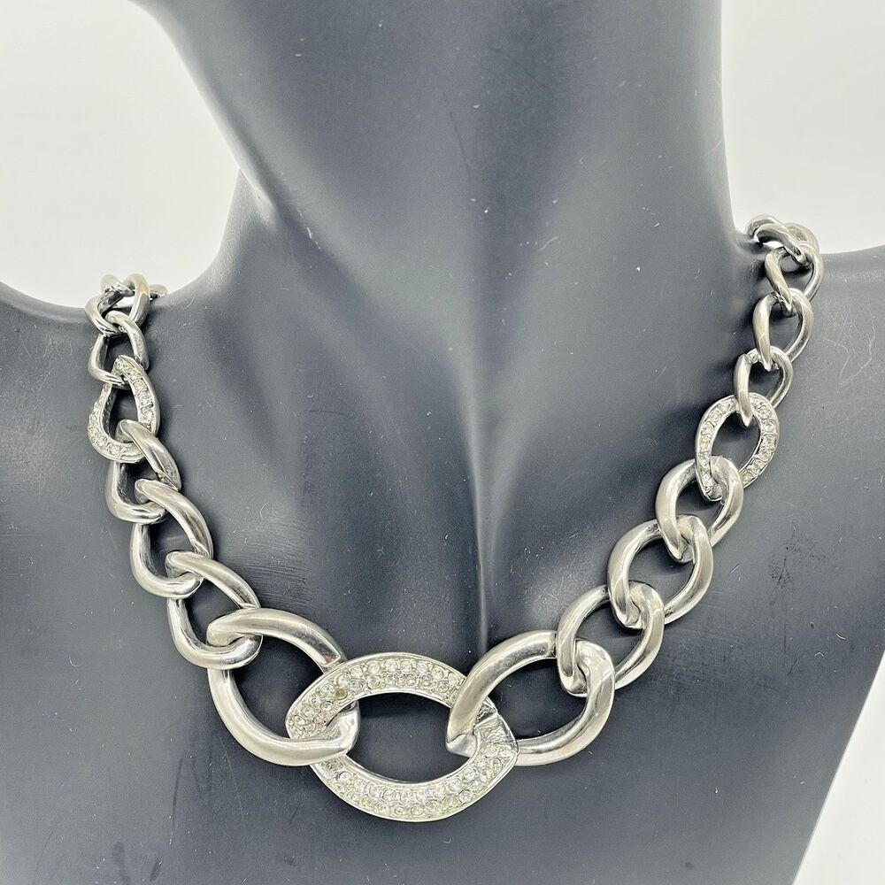 Designer Signed Metal Crystal Graduated Link Necklace Women’s 22 in Silver Tone